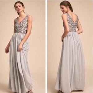 BHLDN Beholden Mischa Embellished Beaded Chiffon Maxi Dress Gown Fog size 4